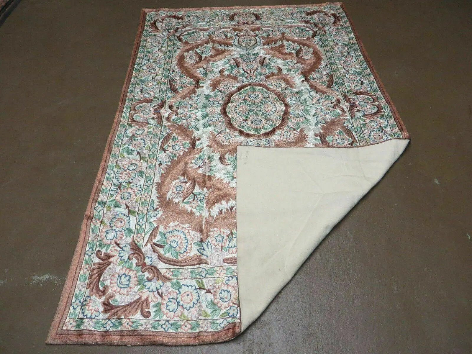 4' X 6' Vintage Embroidery Hand Stitched Rug Silk On Cotton India Backing Nice by Jewel Rugs
