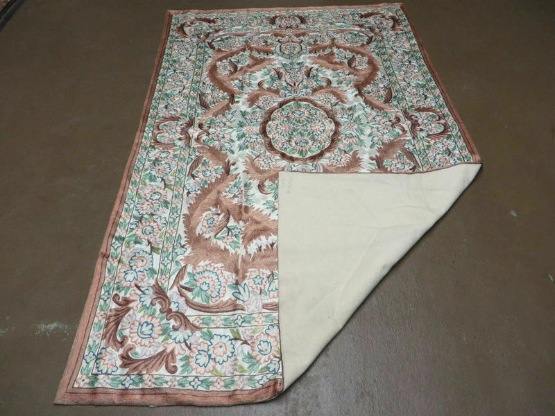4' X 6' Vintage Embroidery Hand Stitched Rug Silk On Cotton India Backing Nice by Jewel Rugs