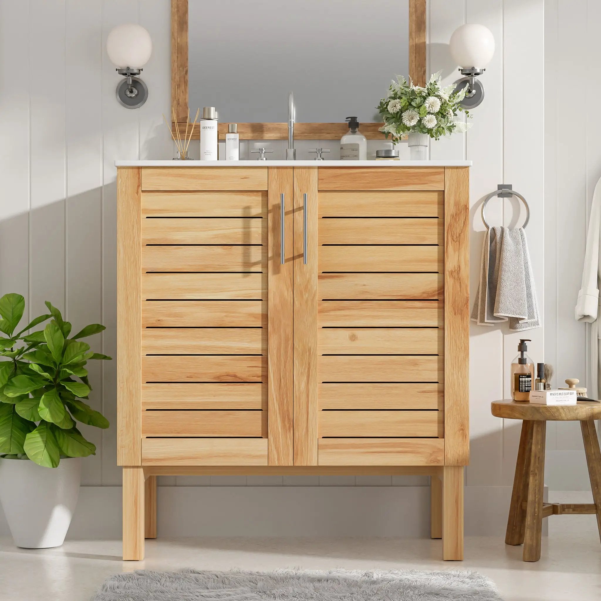 Bathroom Vanity With Ceramic Sink, Freestanding Cabinet - Antique Natural / Brown by HouseOfZazla