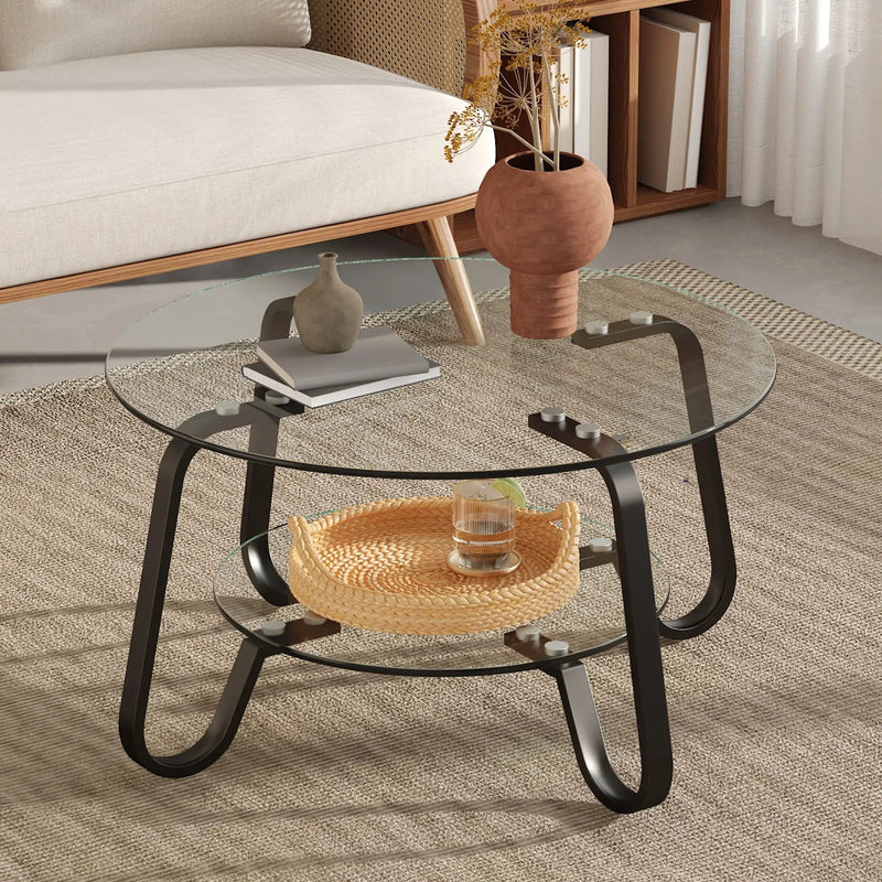 Retro Minimalist Style Metal Frame Double Layer Tempered Glass Coffee Table by HouseOfZazla