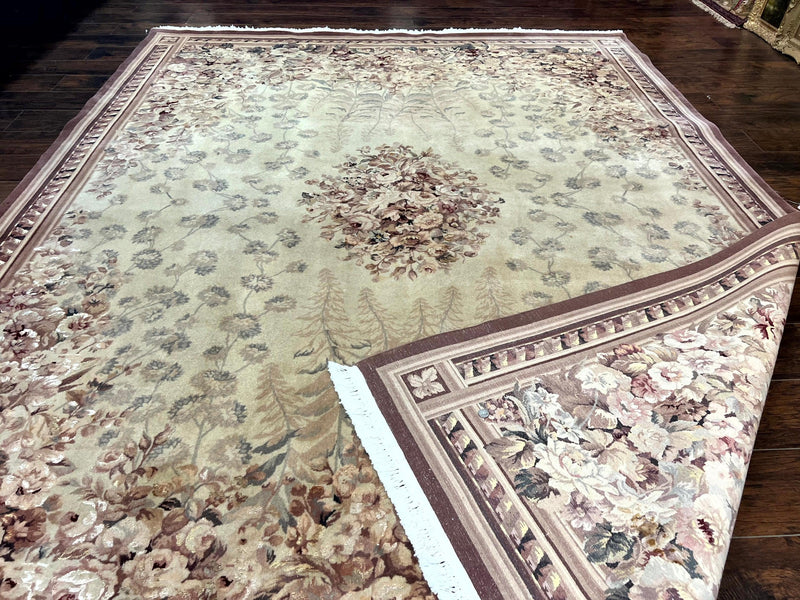 Aubusson Wool Rug 9x11, Wool with Silk Highlights, European Design, Vintage, Handmade, Floral, Fine 210 KPSI by Jewel Rugs