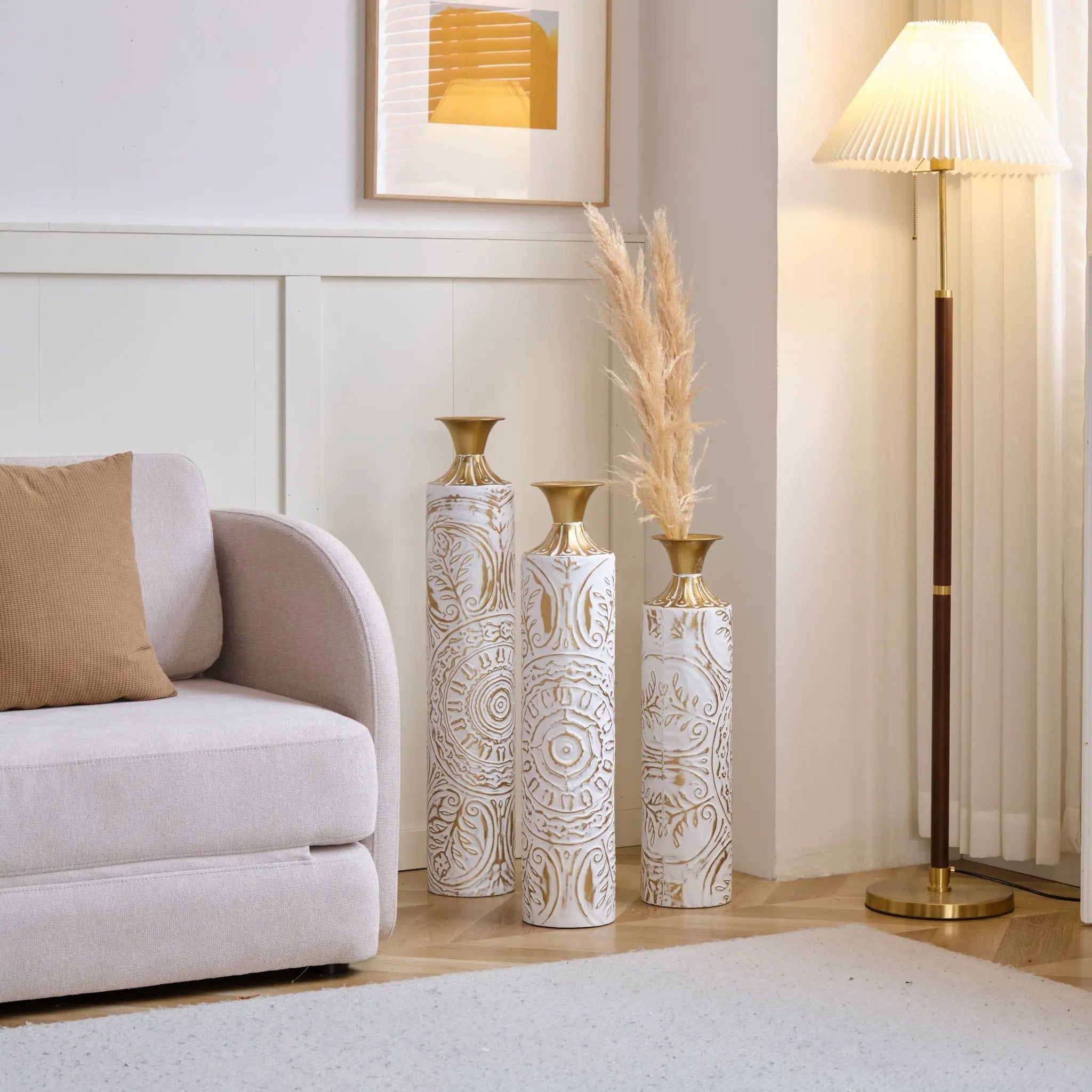 Floor Metal Vases Decorated Metal Vases (Set of 3) Gorgeous Home Decoration Large Glazed Metal Vases - White / Gold by HouseOfZazla