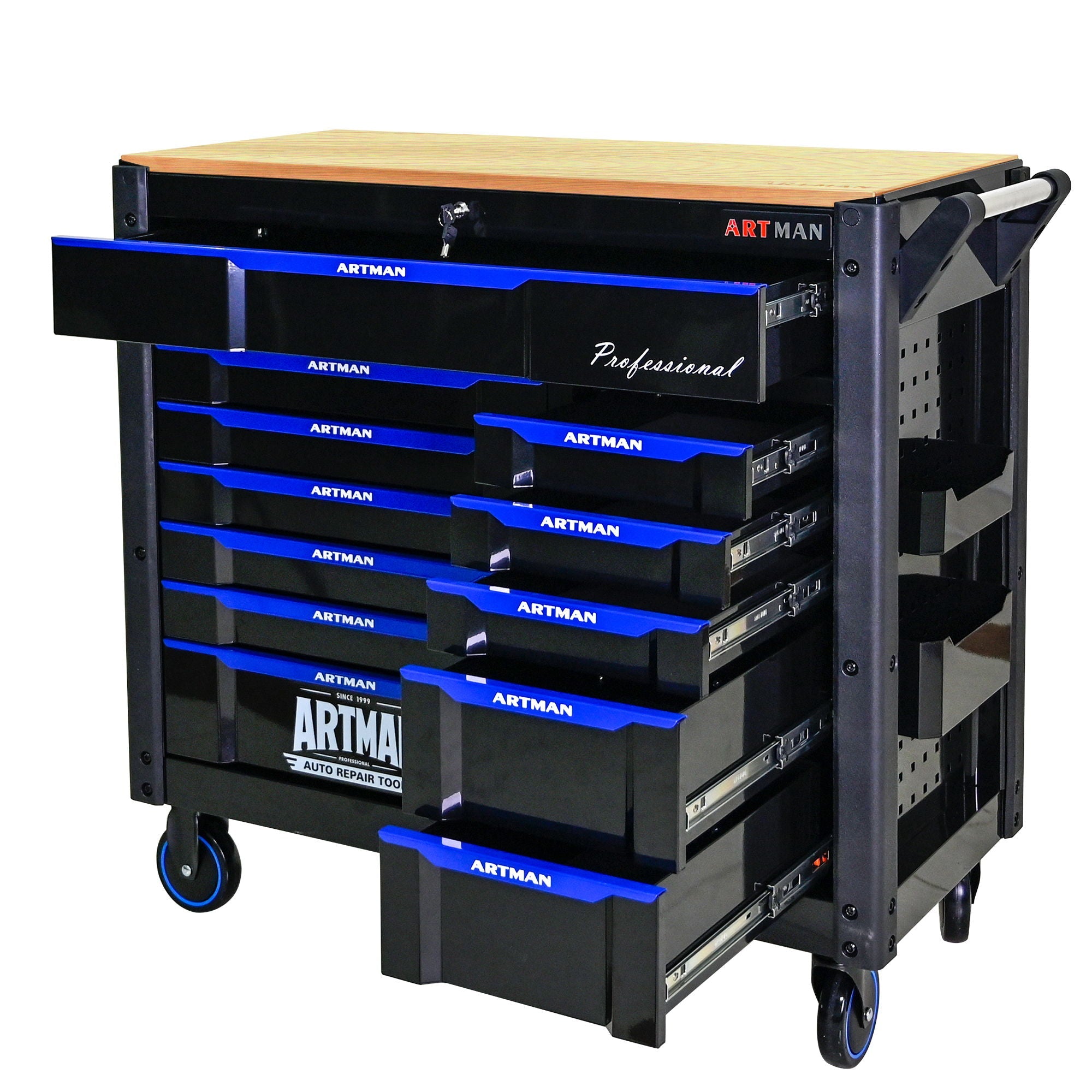 12 Layer Drawer Multi Purpose Tool Cart With Wheels And Wooden Countertops - Black / Blue by HouseOfZazla