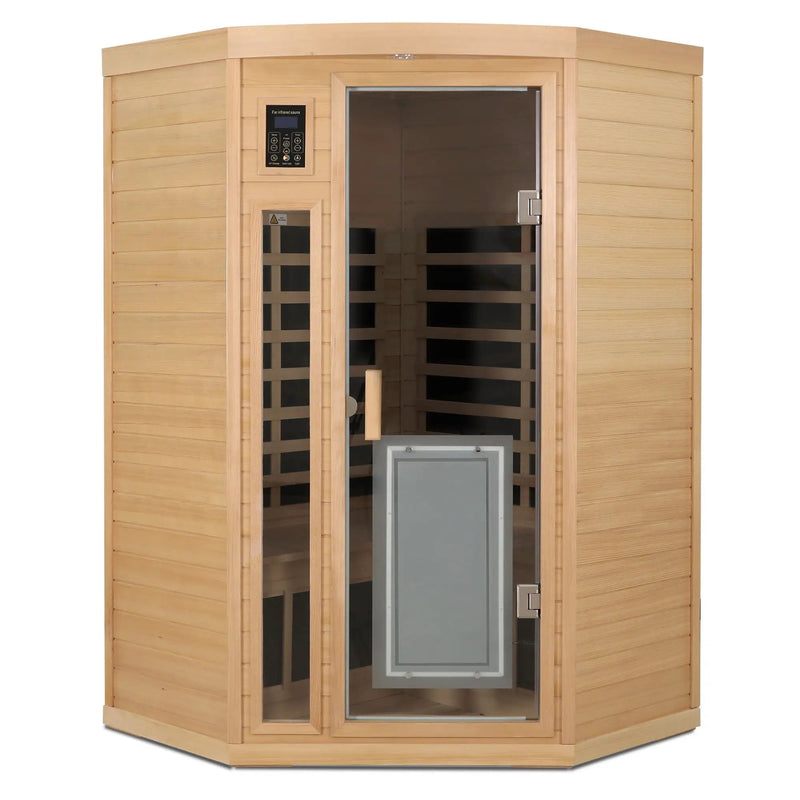 Low Emf Front Door With Heating Panel 2 Persons Hemlock Far Infrared Corner Indoor Sauna Room - Natural by HouseOfZazla