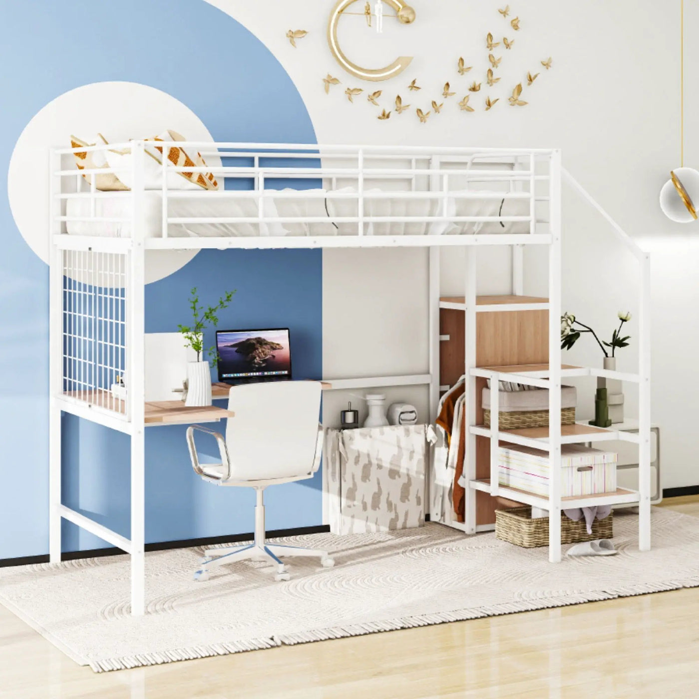 Loft Bed With Desk And Grid, Stylish Frame With Lateral Storage Ladder And Wardrobe by Unique Piece Furniture