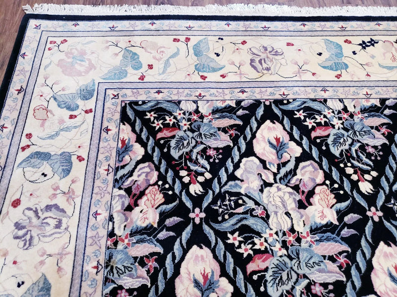 Sino-Persian Kirman Rug 9x12 Floral Handmade Wool Carpet Black & Ivory Vintage by Jewel Rugs