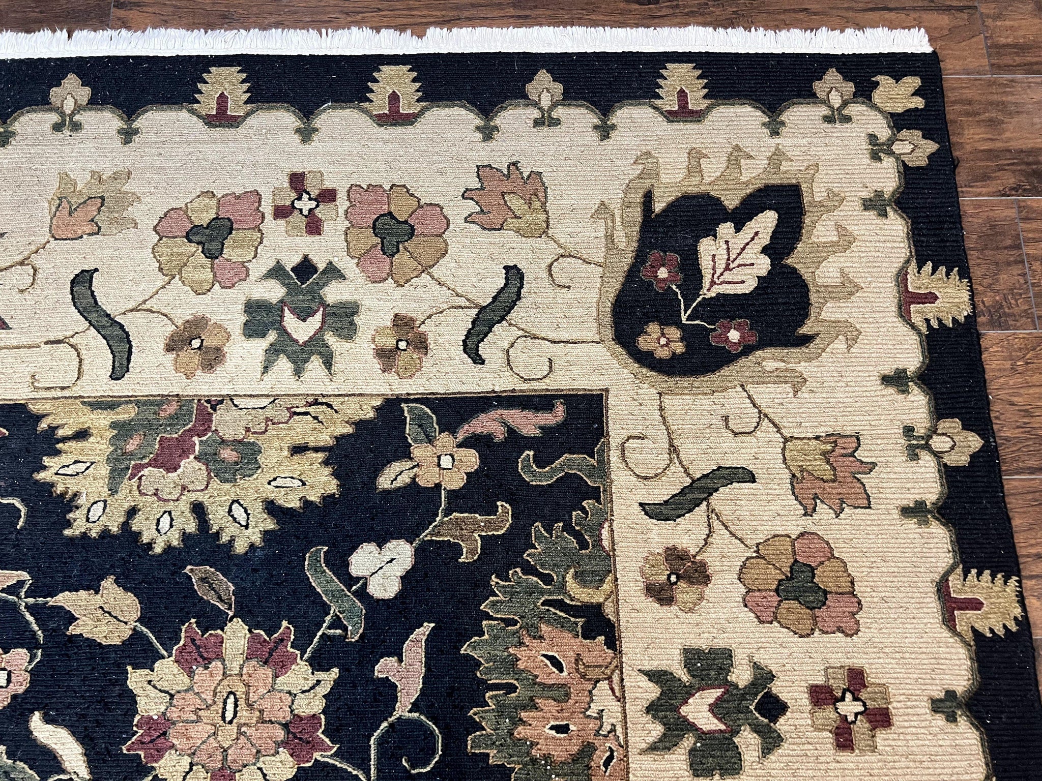 Indo Persian Rug 10x14, Wool Handmade Room Sized Floral Oriental Carpet, Indian Mahal Flatweave Rug, Black Beige by Jewel Rugs