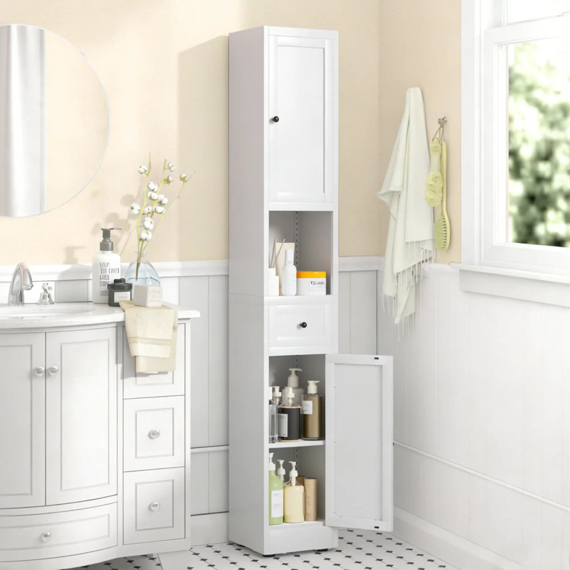Tall Bathroom Storage Cabinet, 5-Tier Narrow With 2 Doors & Adjustable Shelves, Freestanding - White by HouseOfZazla