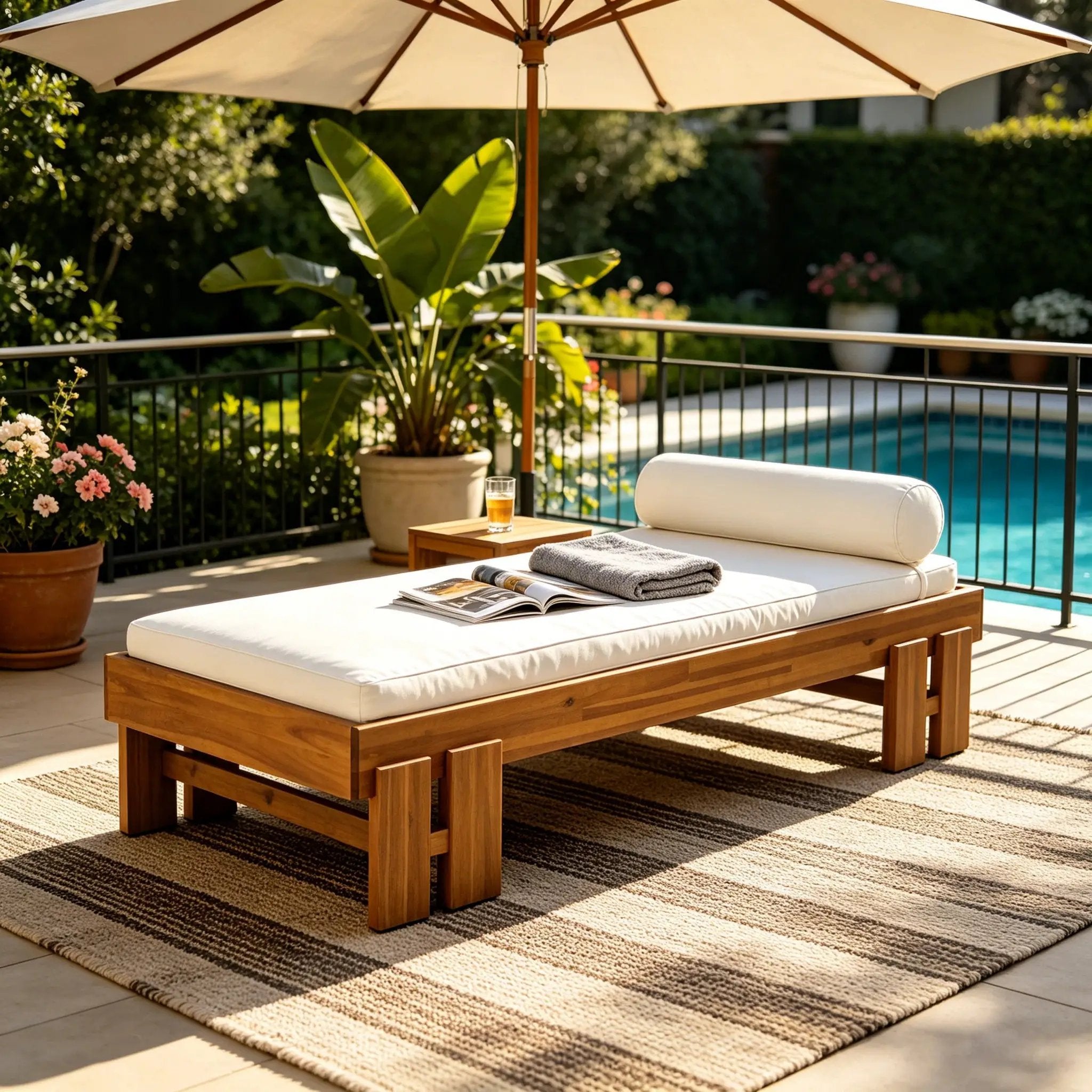 Teak Finish Acacia Wood Daybed with Cream Cushion by HouseOfZazla