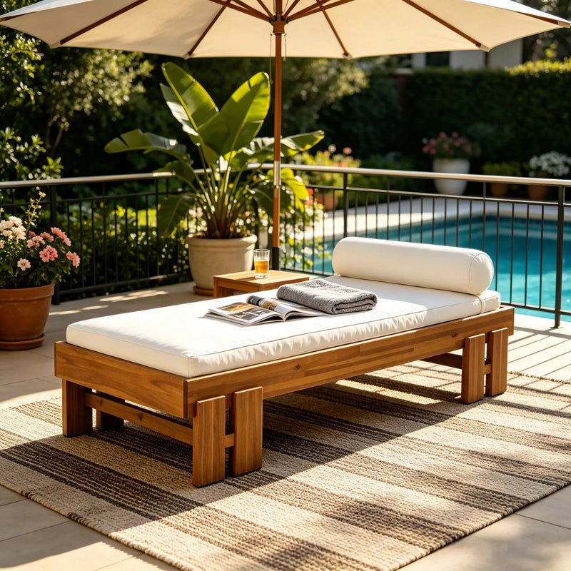 Teak Finish Acacia Wood Daybed with Cream Cushion by HouseOfZazla