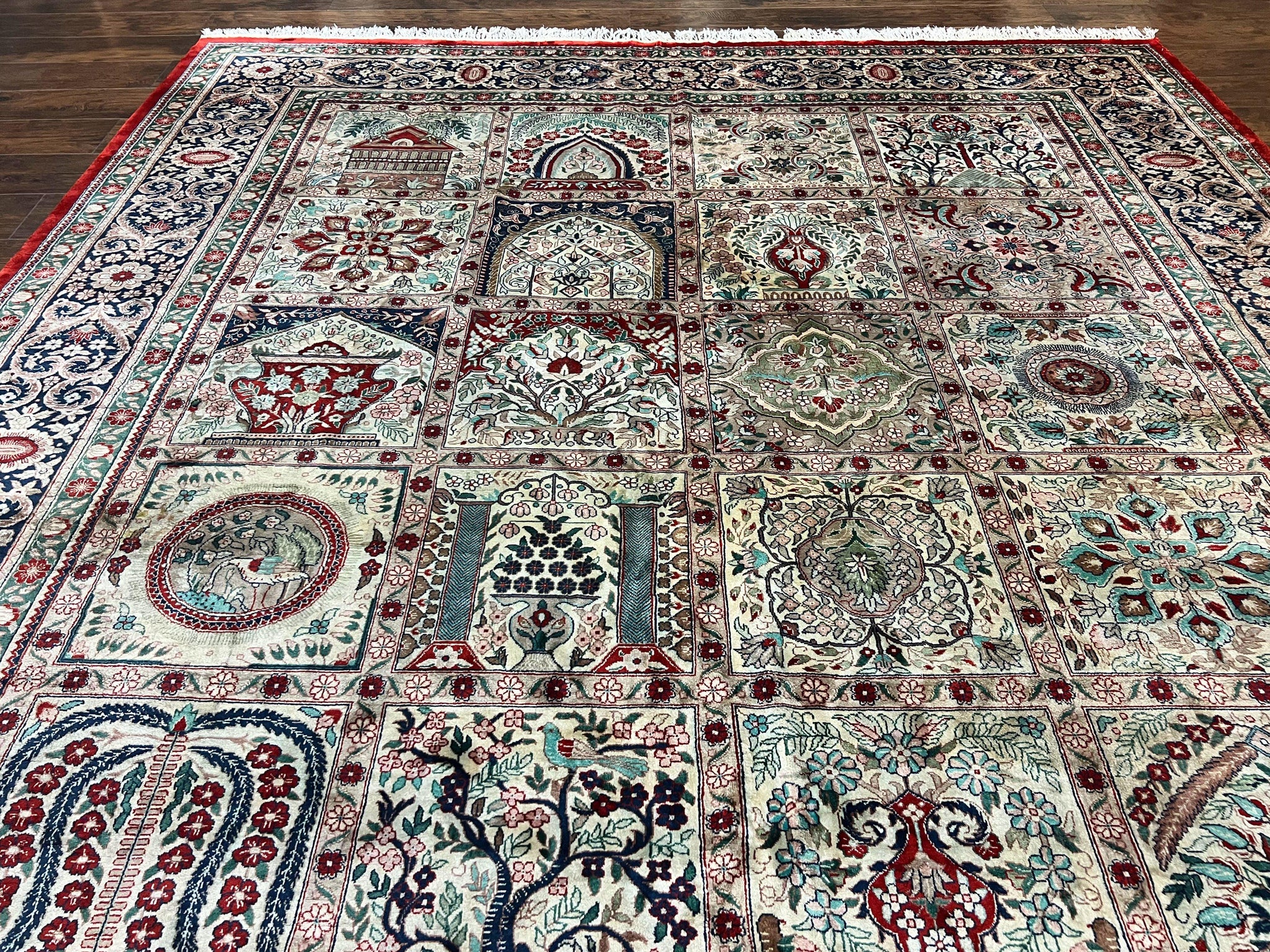 Silk Sino Persian Rug 9x12, Panel Design, Garden of Eden Pattern, Fine 200 KPSI, Hand Knotted Room Sized Silk Carpet, Vintage by Jewel Rugs