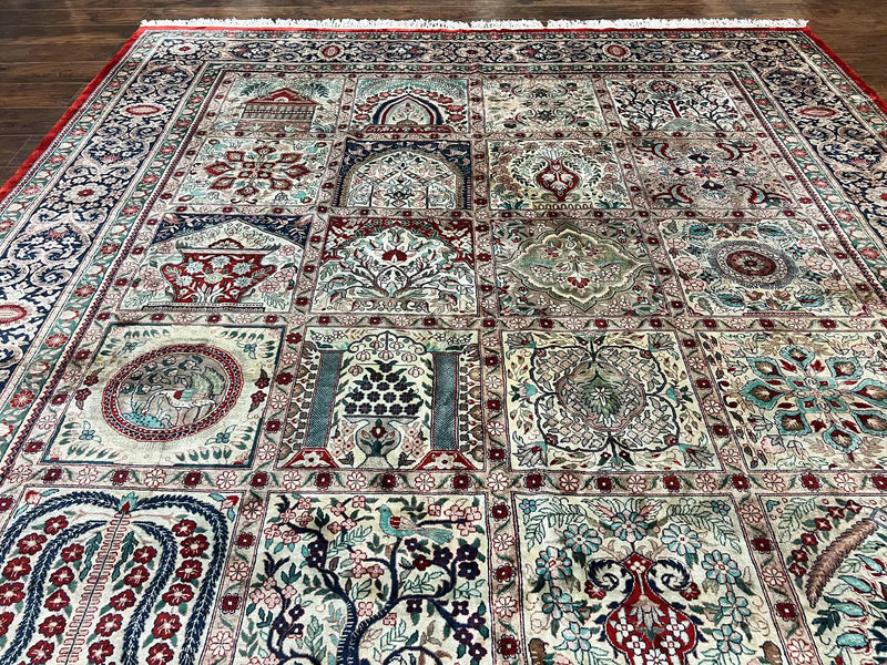 Silk Sino Persian Rug 9x12, Panel Design, Garden of Eden Pattern, Fine 200 KPSI, Hand Knotted Room Sized Silk Carpet, Vintage by Jewel Rugs