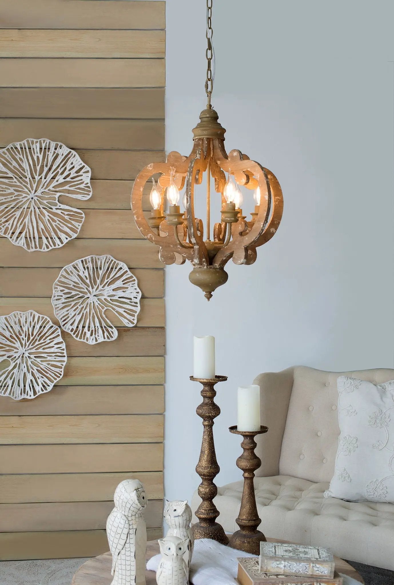 Farmhouse Chandelier, 6 Light Wood Chandelier Pendant Light Fixture With Adjustable Chain For Dining Room Living Room Entryway, Bulb Not Included by Unique Piece Furniture