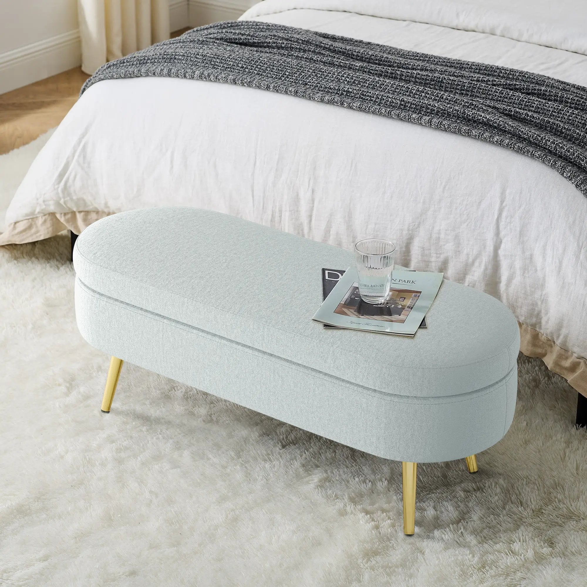 Ottoman Oval Storage Bench, Flannel with Metal Legs-Cyan by HouseOfZazla
