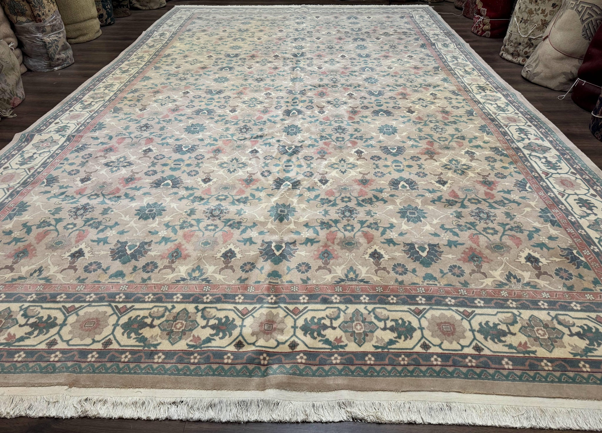 Palace Size Wool Rug 10x18, Sino Persian Kerman Rug, Oversized Hand Knotted Carpet, Light Taupe, Allover Pattern by Jewel Rugs
