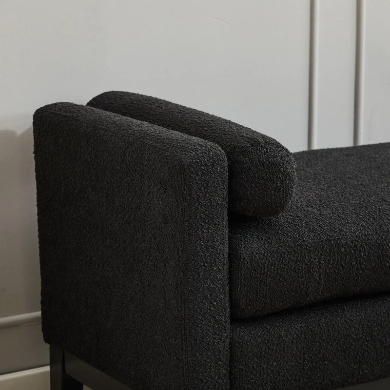 Elegant Upholstered Bench, Daybed, Ottoman With Wood Legs & 2 Bolster Pillows - Black Boucle by HouseOfZazla
