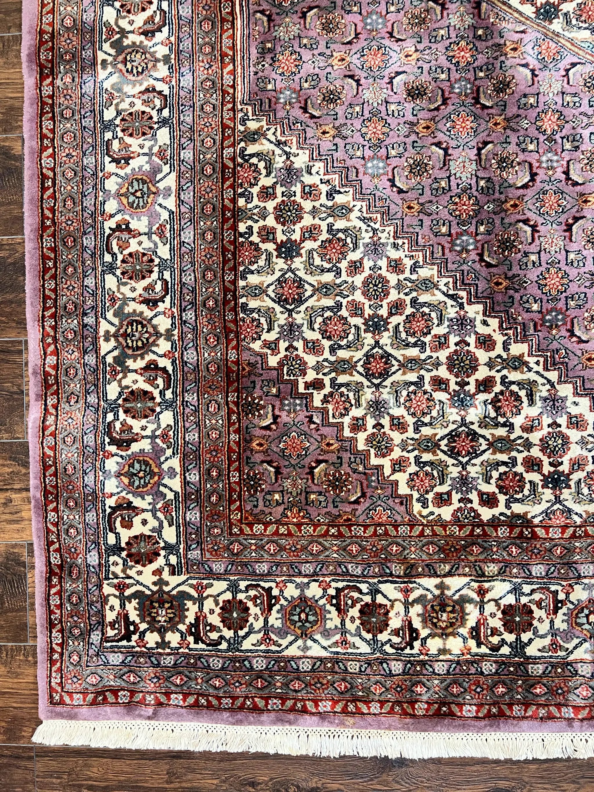 Indo Persian Bidjar Rug 8x10, Purple and Ivory Hand Knotted Wool Vintage Oriental Carpet, Herati Mahi Pattern, 8 x 10 Traditional Fine Rug by Jewel Rugs