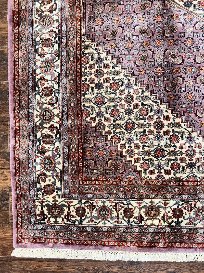 Indo Persian Bidjar Rug 8x10, Purple and Ivory Hand Knotted Wool Vintage Oriental Carpet, Herati Mahi Pattern, 8 x 10 Traditional Fine Rug by Jewel Rugs