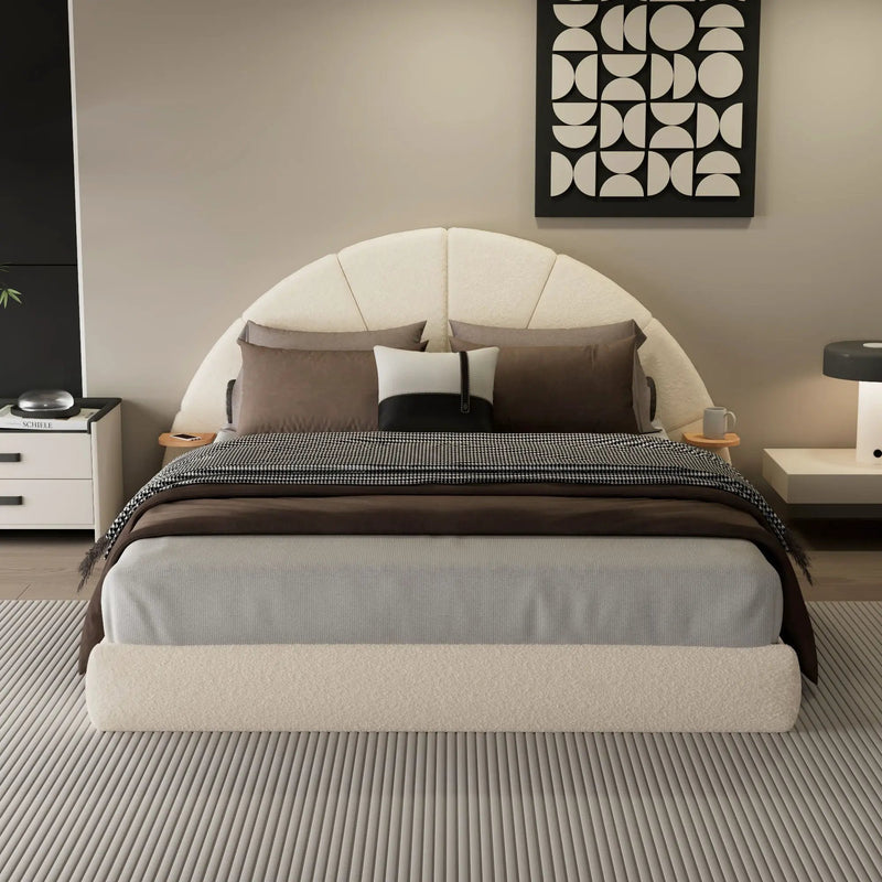 Queen Arched Bed With Small Table, Floor Standing Design - Beige by HouseOfZazla