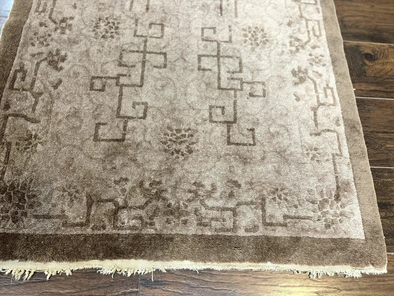 Antique Chinese Fette Rug 3x6, Taupe, Handmade Wool Chinese Carpet by Jewel Rugs