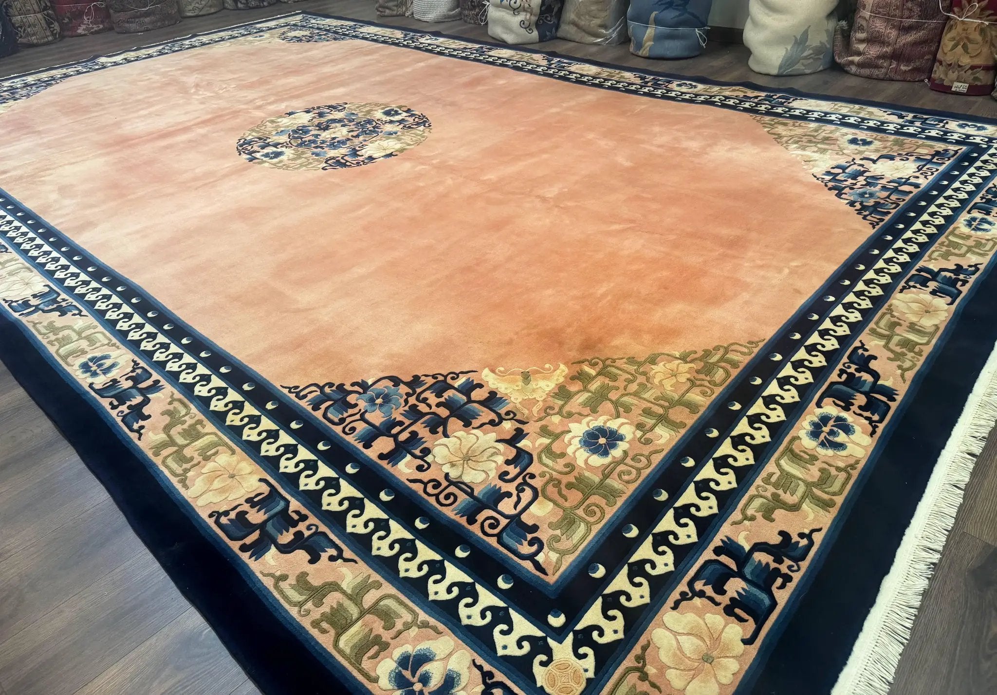 Chinese Wool Rug 11x18, Palace Sized Chinese Carpet, Peking Rug, Peach and Blue, Open Field, Simple Design, Art Deco Rug, Large Handmade Rug by Jewel Rugs
