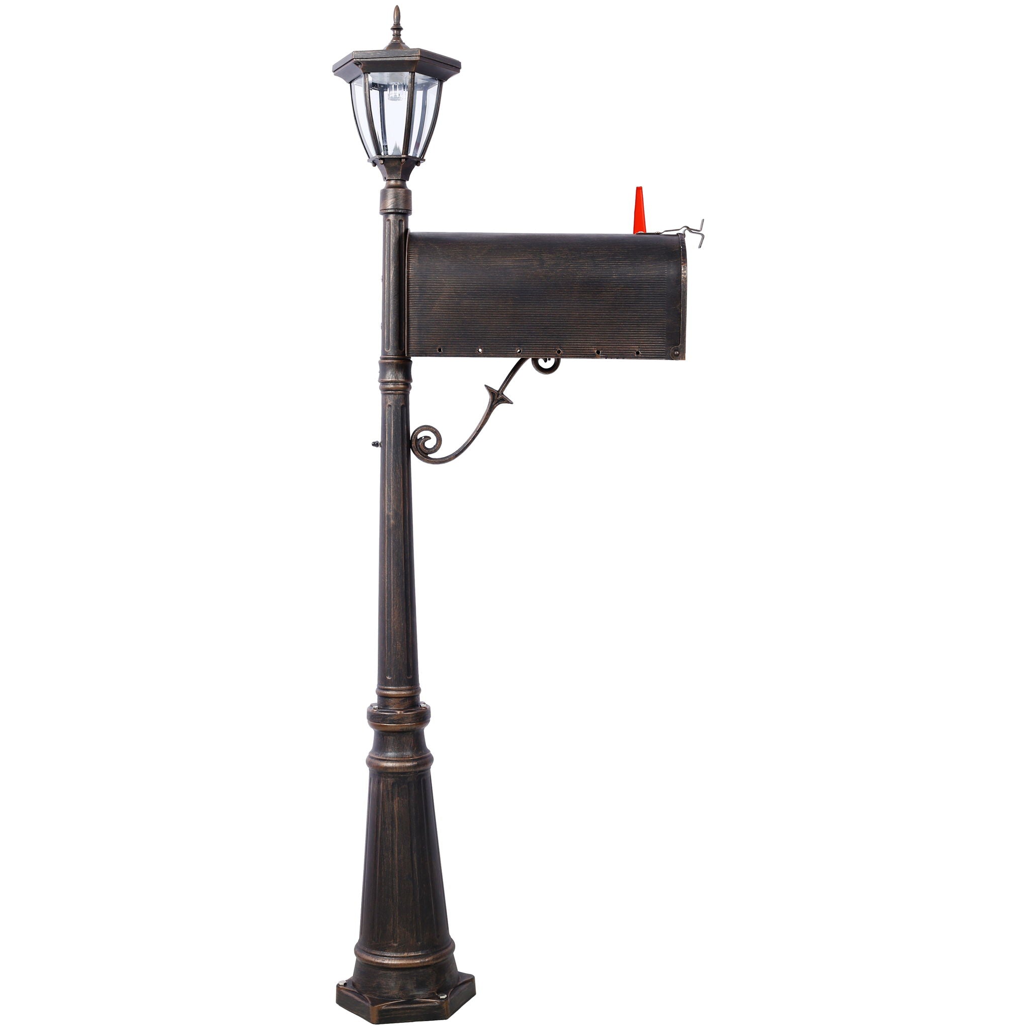 Stratford - Heavy Duty Cast Aluminum Mailbox With Post And Solar Light, Fluted Base, Decorative Modern Mailbox - Brown by HouseOfZazla