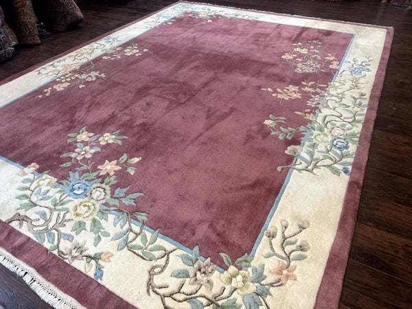Indo Chinese Art Deco Rug 9x12, Pink and Ivory, Open Filed, Floral, Wool, photo 2 of 12