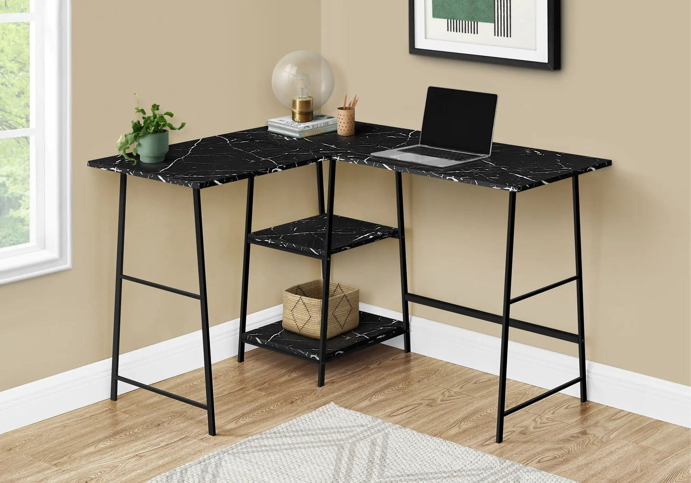 Computer Desk, Home Office, Corner, Storage Shelves, L Shape, Work, Laptop, Marble Look Laminate, Contemporary, Modern by Unique Piece Furniture