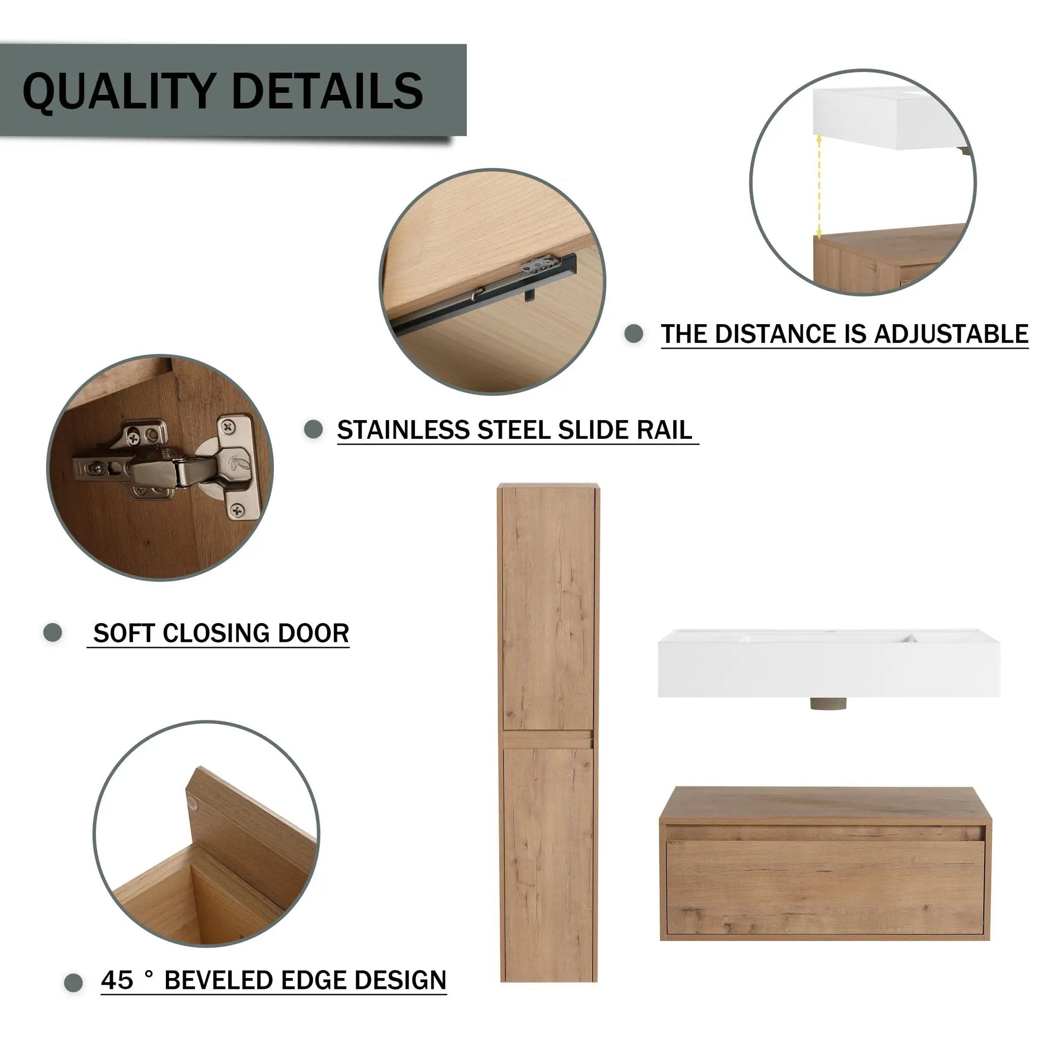 Modern Wall Mounted 30 Inch Bathroom Vanity With Resin Sink And 2 Side Cabinet In Imitative - Imitative Oak by Unique Piece Furniture