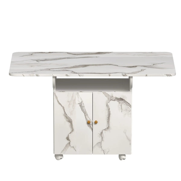 Versatile Marble Folding Dining Table With Storage Rack And Cabinet, 6 Wheels - White