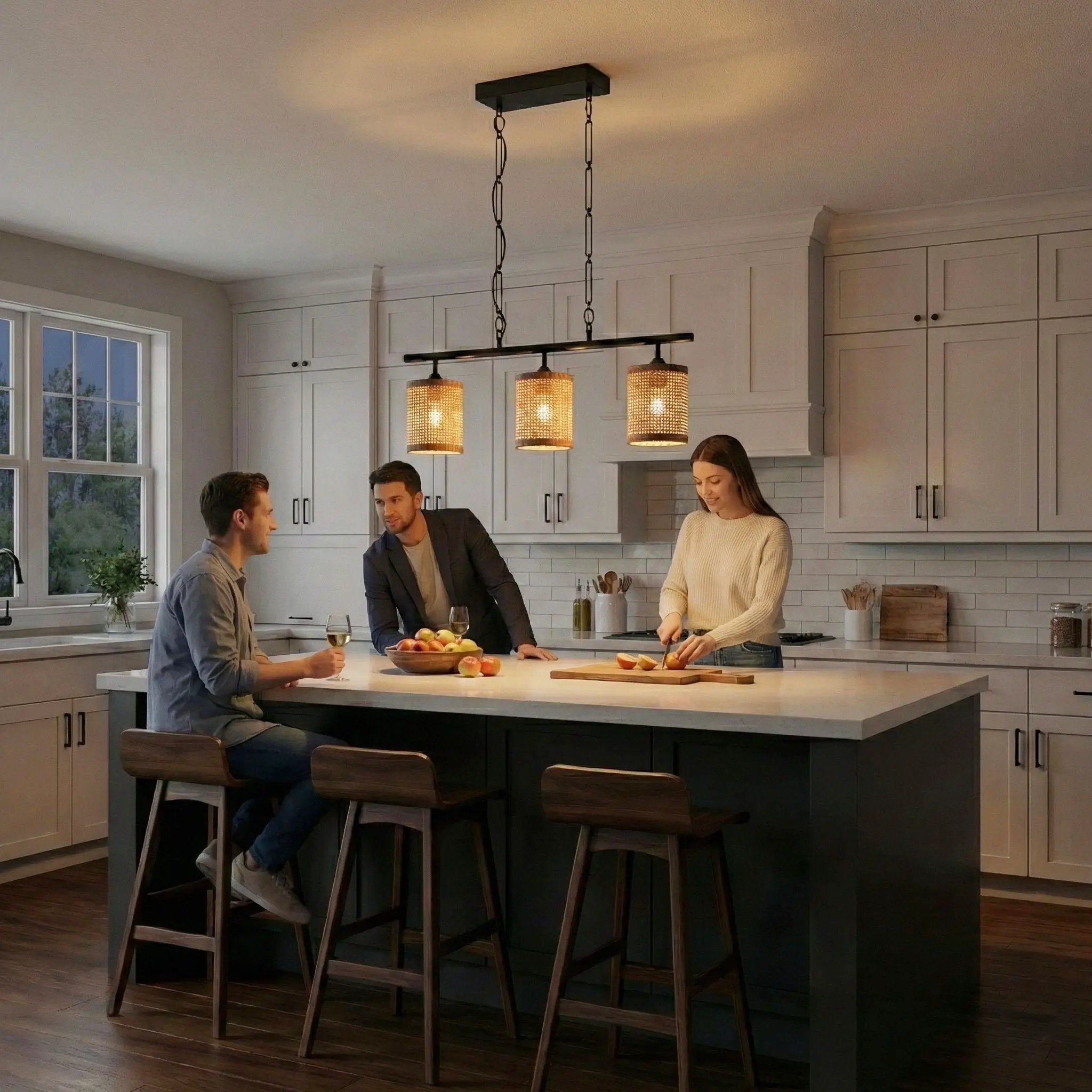 Elysian - 3 Lights Island With Natural Shade Farmhouse Chain Ceiling Lamp - Black / Rattan by Unique Piece Furniture