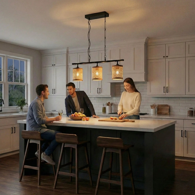 Elysian - 3 Lights Island With Natural Shade Farmhouse Chain Ceiling Lamp - Black / Rattan by Unique Piece Furniture