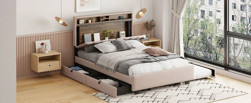Upholstered Platform Bed With Storage Headboard, Trundle & 2 Drawers And A Set Of Sockets & USB Ports by HouseOfZazla