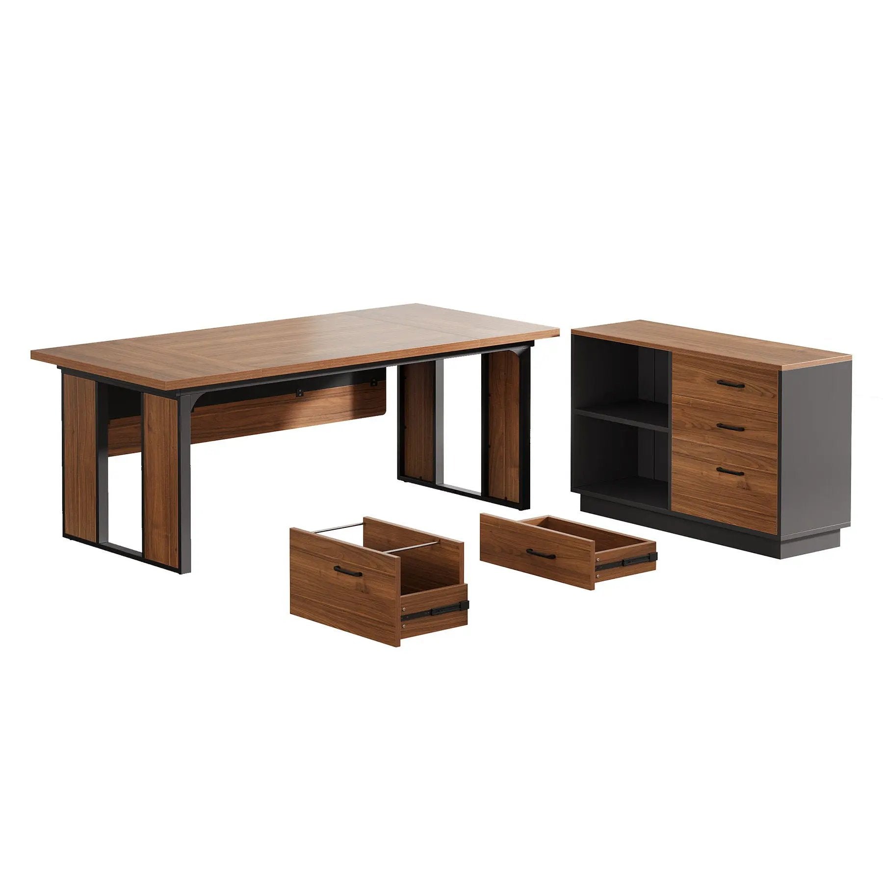 L-Shaped Executive Desk With File Cabinet, Office Computer Desk With Drawers & Open Shelves, Workstation For Home Office - Brown / Black by HouseOfZazla