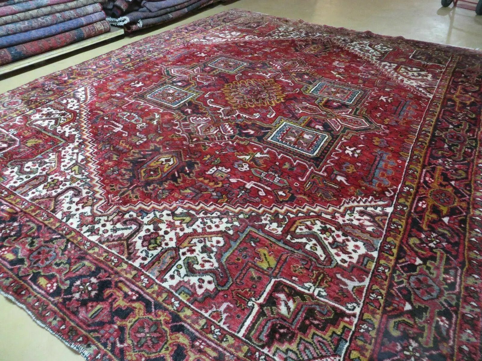 Heriz Rug 9x11, Geometric Persian Carpet Room Sized, Tribal Medallion Rug, Red Ivory Dark Blue Handmade Wool Rug for Living Room Dining Room by Jewel Rugs