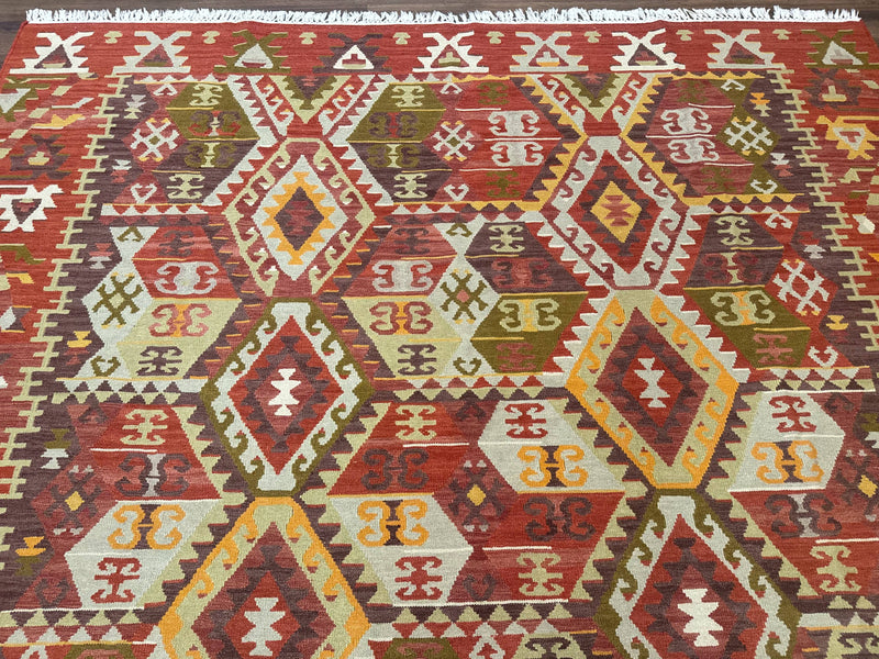 Turkish Kilim Rug 8x10, Geometric Design, Large Kilim Carpet by Jewel Rugs
