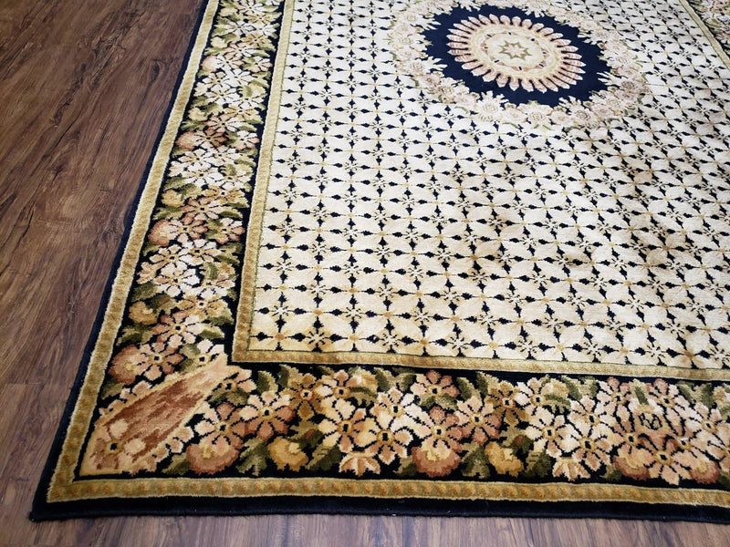 Indian Rug with Tibetan Weave, 6x8 - 6x9 Rugs, Indo-Tibetan Rug, Black and Cream Beige Tan, Floral Border, Soft Rug, Handmade Area Rug, Wool by Jewel Rugs