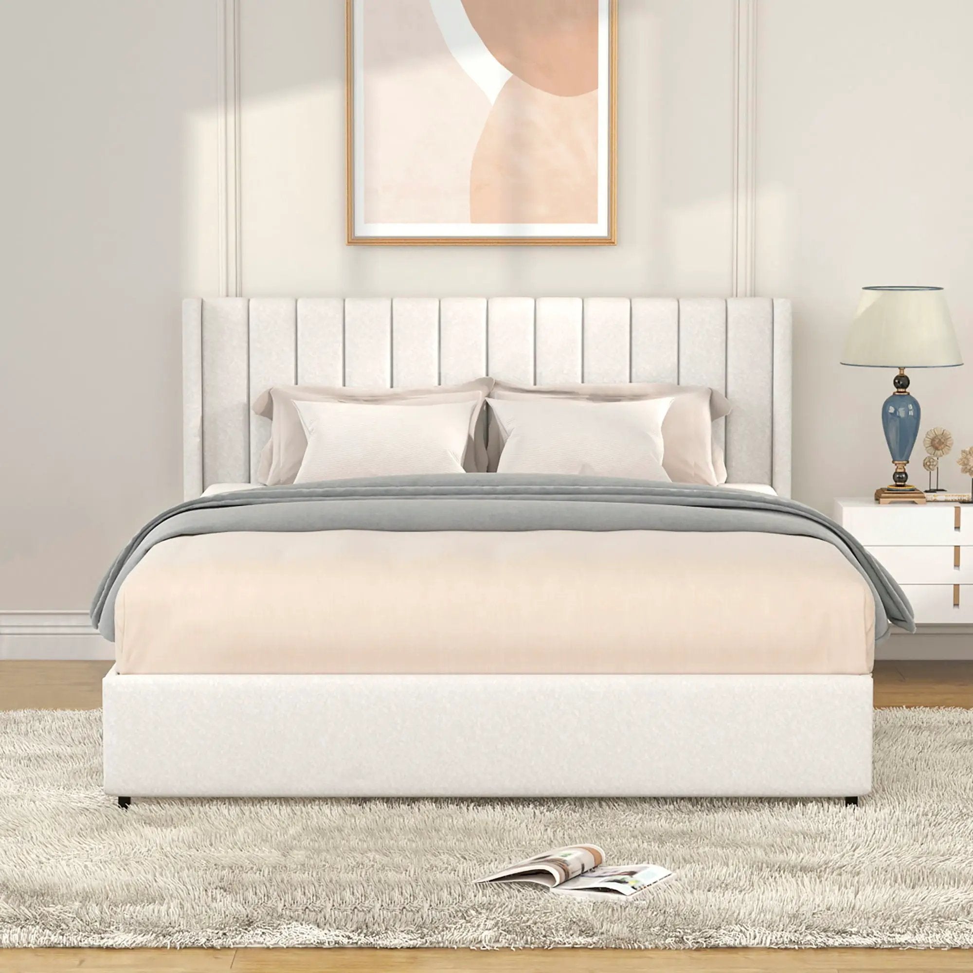 Anda - Boucle Upholstered Platform Bed With Patented Drawers Storage - Ivory by Unique Piece Furniture