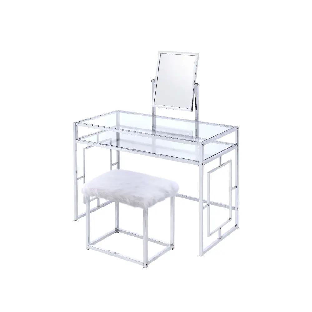Carenze II - Vanity Set - White Faux Fur & Chrome by Unique Piece Furniture