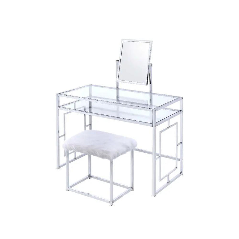 Carenze II - Vanity Set - White Faux Fur & Chrome by Unique Piece Furniture