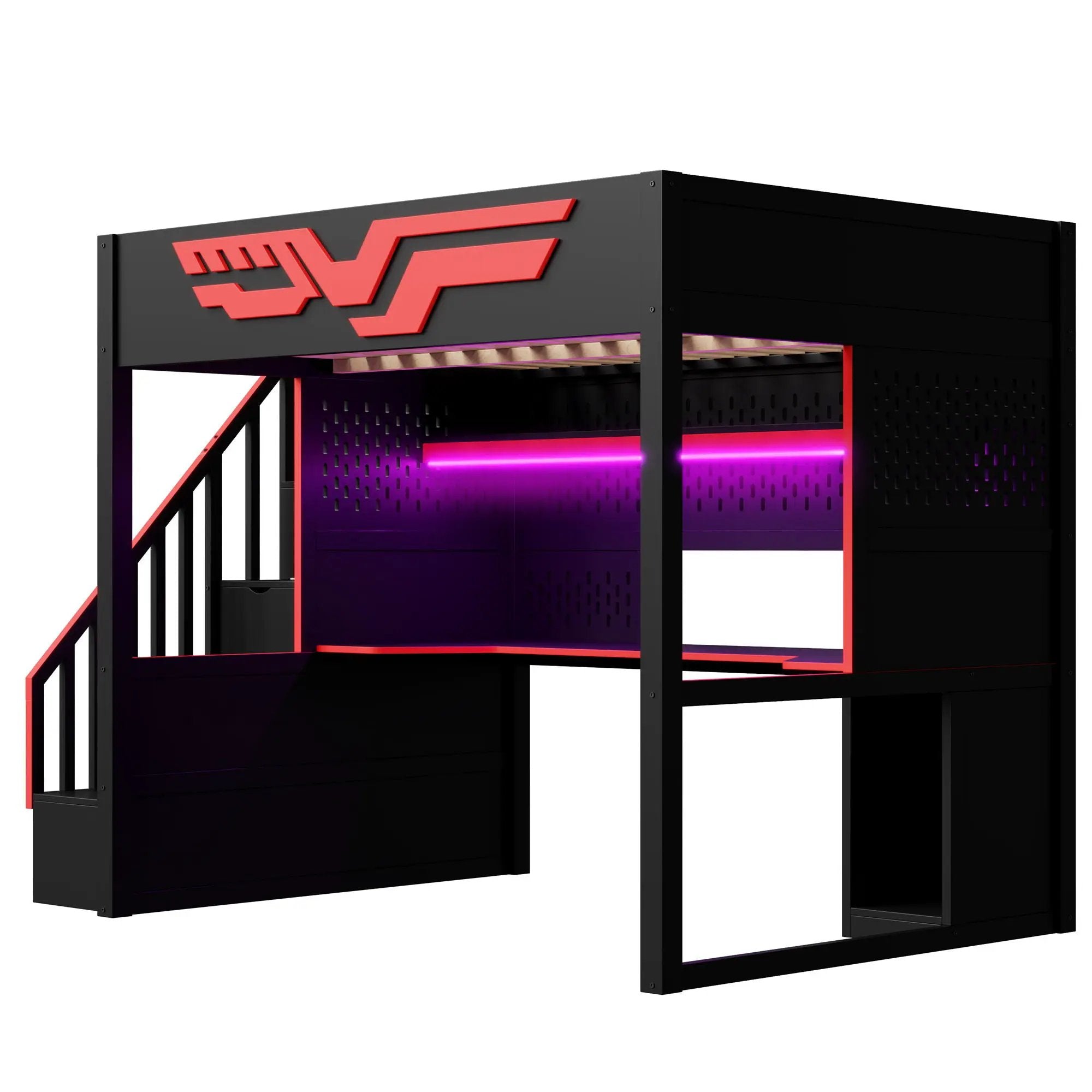 Full Gaming Loft Bed With Desk And Storage Staircase, LED Lights And USB - Red / Black by HouseOfZazla