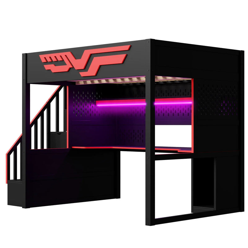 Full Gaming Loft Bed With Desk And Storage Staircase, LED Lights And USB - Red / Black by HouseOfZazla