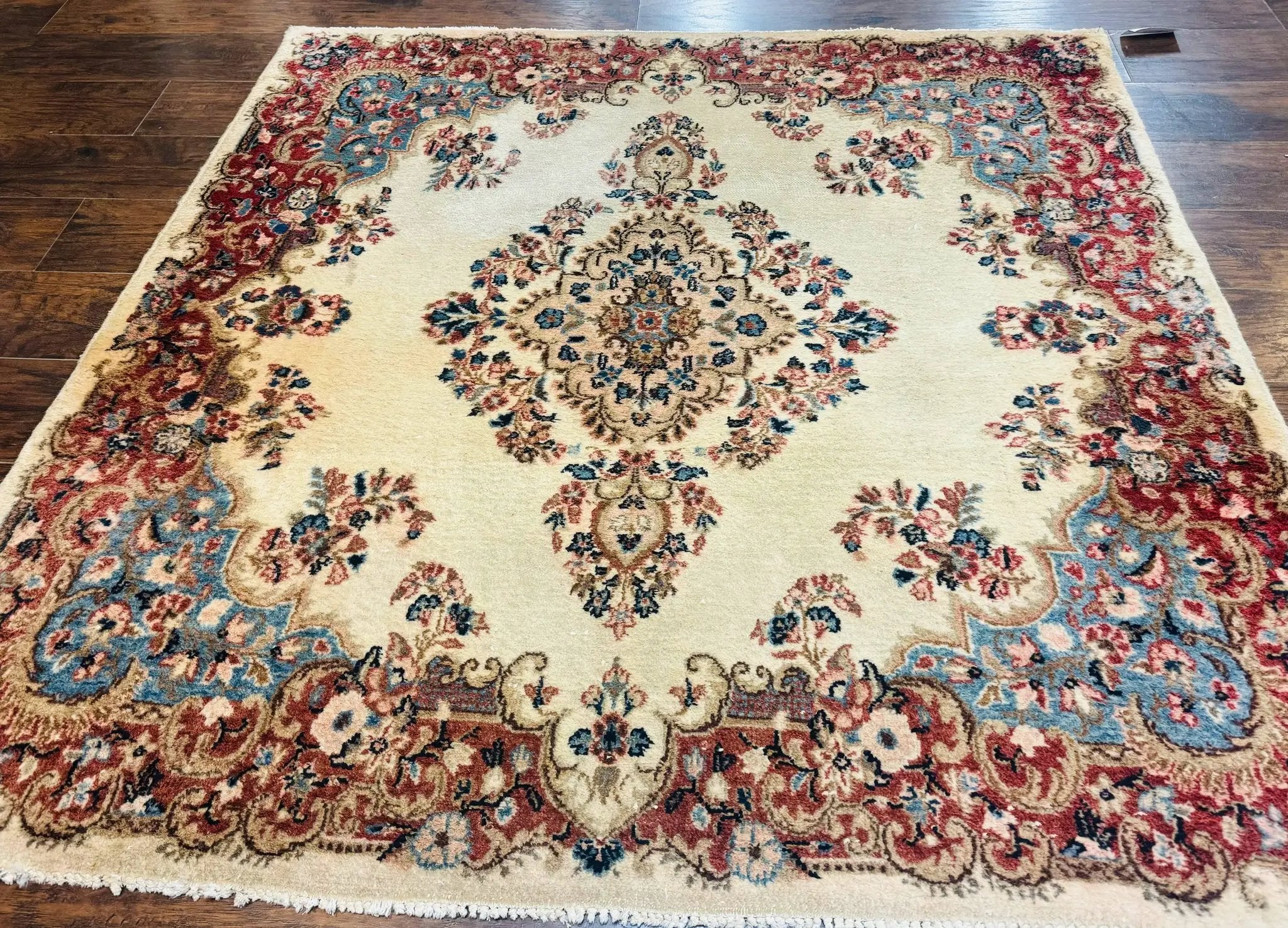 Square Persian Kerman Rug, Beige/Cream and Light Blue, Traditional Persian Rug, 5.5 x 5.5 ft by Jewel Rugs