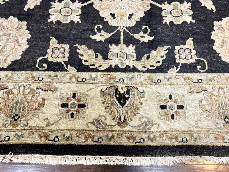 Indo Mahal Rug 8x10, Black and Beige, Vintage Rug 8 x 10 ft, Floral, Handmade Wool Carpet by Jewel Rugs