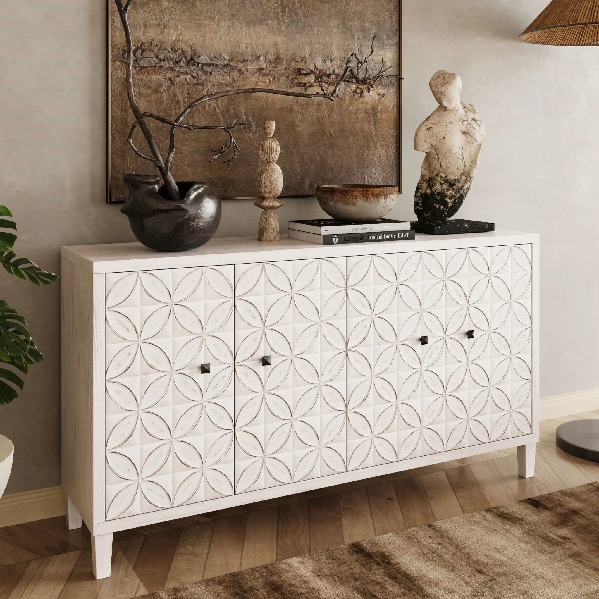 Accent Cabinet 4 Door Wooden Cabinet Sideboard Buffet Server Cabinet Storage Cabinet, For Living Room, Entryway, Hallway, Office, Kitchen And Dining Room - White Wash by HouseOfZazla