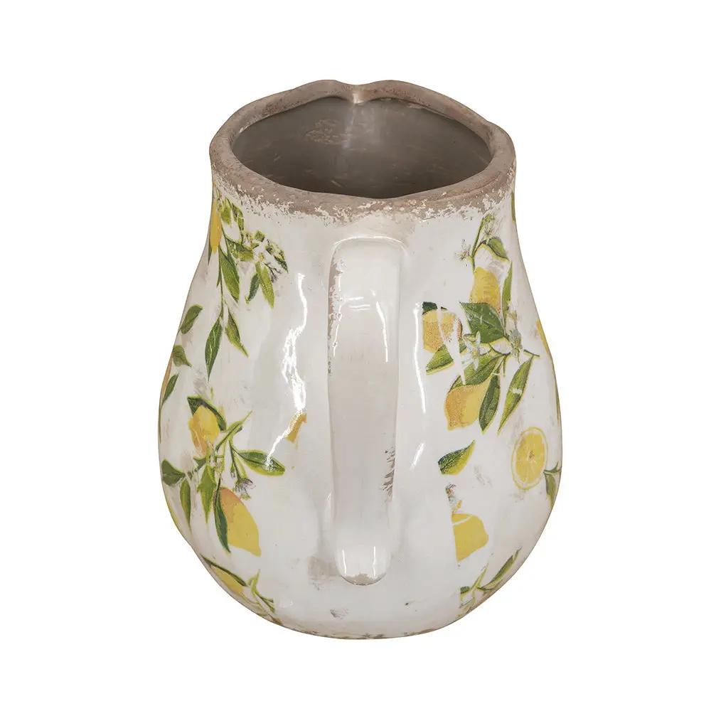 7.9x6.5x7.9' White Ceramic Pitcher Vase with Yellow Lemon Motif by HouseOfZazla