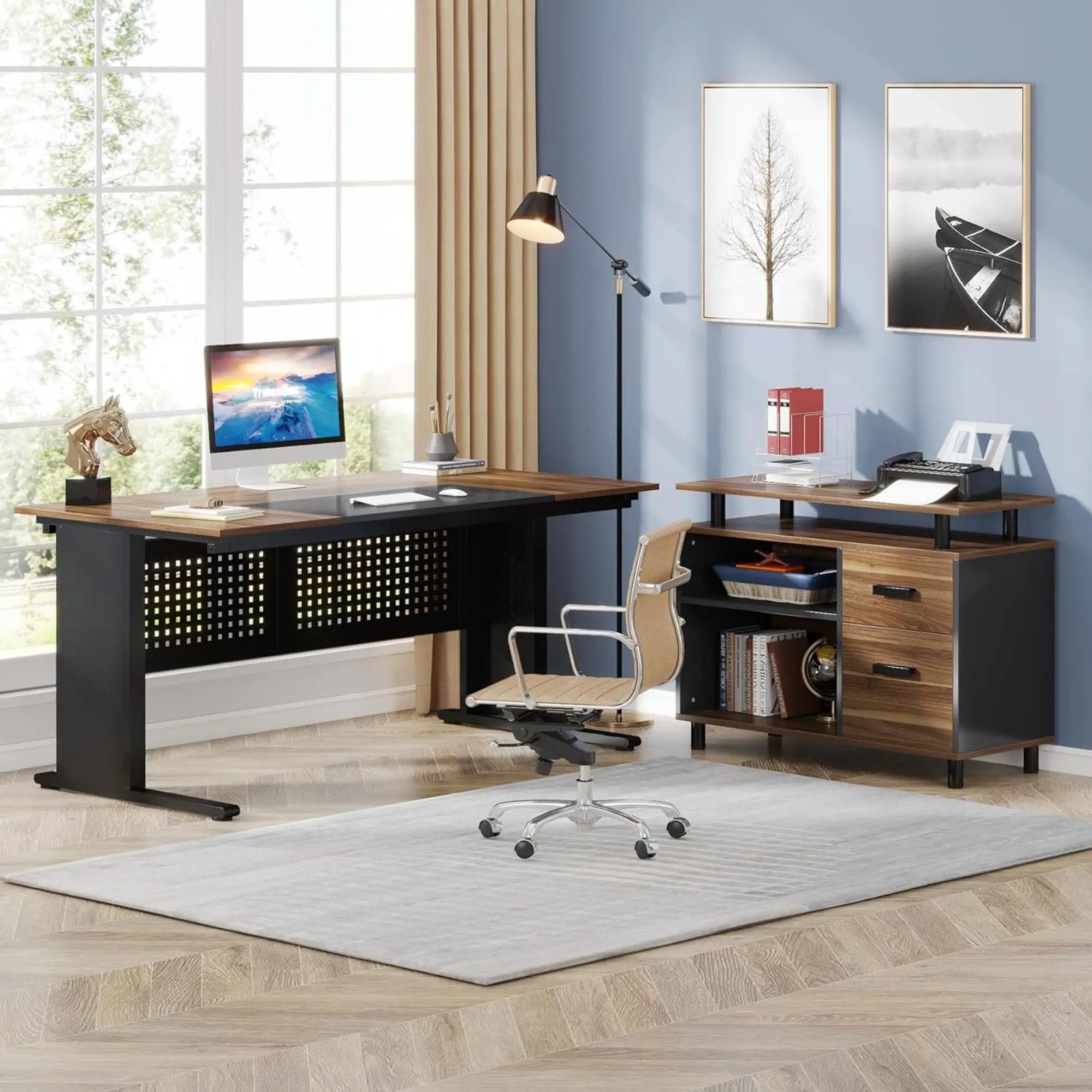 L-Shaped Executive Desk With File Cabinet, Office Workstation With Drawers, Shelves & Storage by HouseOfZazla
