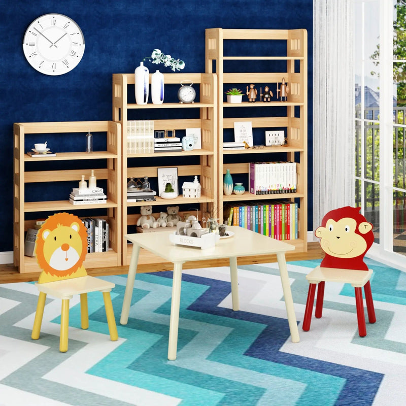 Kids Table And 2 Chairs Set, 3 Pieces Toddler Table And Chair Set, Wooden Activity Play Table Set (Lion&Monkey) - Natural by HouseOfZazla