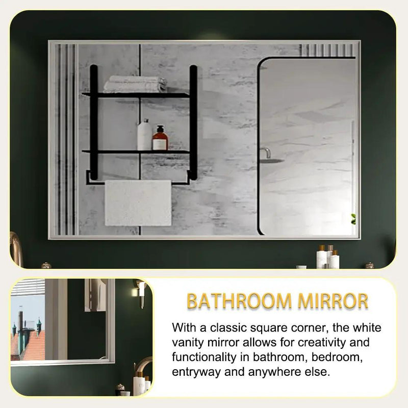 Rectangular Wall-Mounted Beveled Bathroom Mirror, Square Angle Metal Frame Wall Mounted Bathroom Mirrors For Wall (Horizontal & Vertical) - Glossy White by Unique Piece Furniture