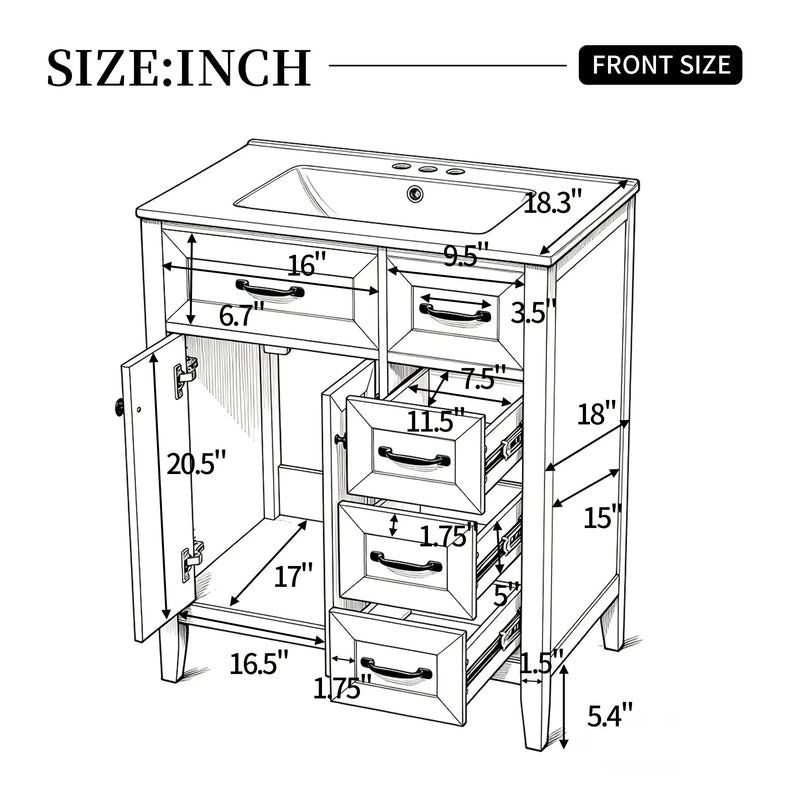 30" White Bathroom Vanity with Ceramic Sink by HouseOfZazla